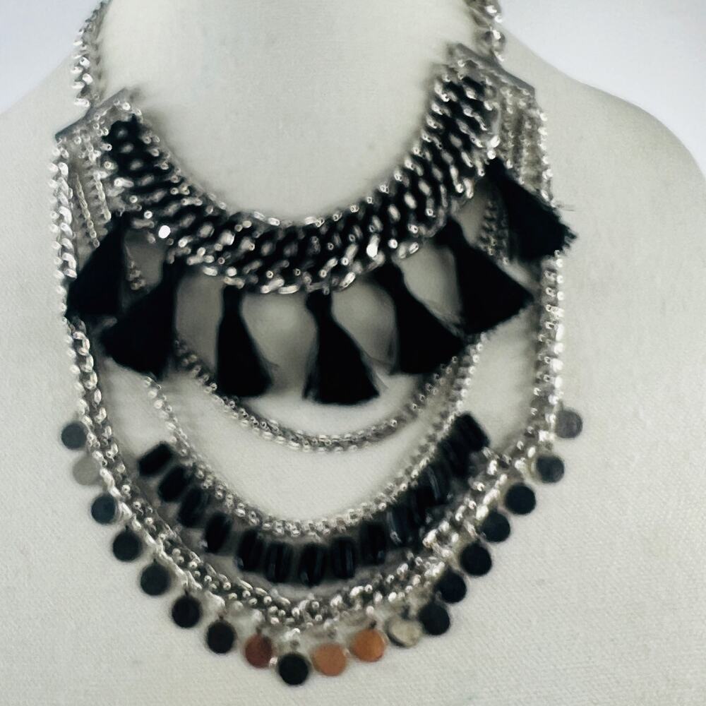 Steve Madden Layered Statement Necklace Black Tassel Concert Festival Rock Boho